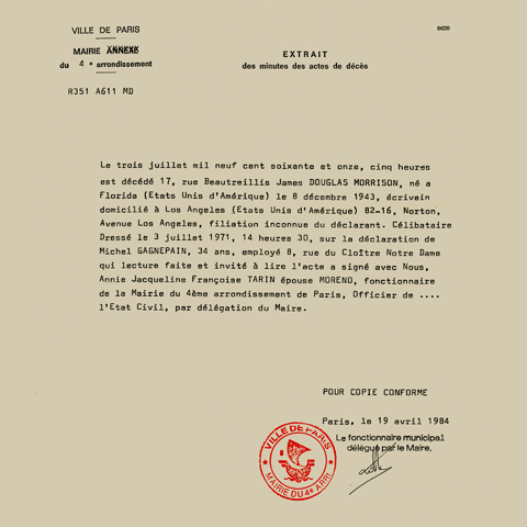 THE OFFICIAL DEATH CERTIFICATE OF JIM MORRISON THE OFFICIAL DEATH CERTIFICATE OF JIM MORRISON